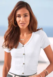 LASCANA Kurzarmshirt aus Rippware mit Zierknopfleiste, T-Shirt, V-Ausschnitt