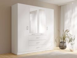 Home affaire Kleiderschrank »KOS Garderobe mit 3 Schubladen, Kleiderstange, 8 Einlegeböden, Spiegel«, Wäscheschrank mit 4 Drehtüren, silberfarben Griffen, Masse B/H/T 200/200/58cm