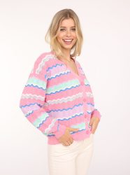 Zwillingsherz Strickjacke, Wellen-Muster, Langarm, V-Ausschnitt, Baumwolle, Knöpfe