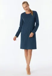 Schiesser Nachthemd langarm Dunkelblau gemustert - Casual Essentials für Damen, Größe S, 100 % Baumwolle