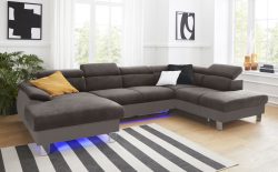 COTTA Wohnlandschaft »Komaris«, inklusive Kopfteilverstellung, wahlweise mit Bettfunktion und RGB-LED-Beleuchtung, moderner chromfarbener Fuss