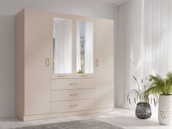Home affaire Kleiderschrank »KOS Garderobe mit 3 Schubladen, Kleiderstange, 8 Einlegeböden, Spiegel« Kleiderschrank mit 4 Türen, goldenen Griffen, Masse B/H/T 200/200/58 cm