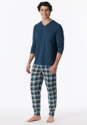 Schiesser Schlafanzug mit Bündchen Blau/Gelb kariert - Casual Essentials für Herren, Größe L, 100 % Baumwolle