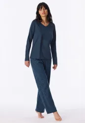Schiesser Schlafanzug Dunkelblau gemustert - Casual Essentials für Damen, Größe XXL, 100 % Baumwolle