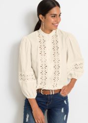 bonprix Spitzenbluse mit 3/4 Puffärmel, tolle Lochspitze, Stehkragen, Knopfleiste