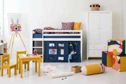 Hoppekids Hochbett »ECO Dream, Kinderbett, Spielbett, Halbhohes Bett aus Massivholz«, inkl. Vorhang-Set Creator Blau, Bettgrösse & Matratze wählbar