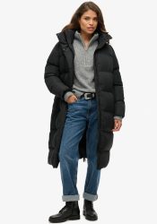 Superdry - lange daunenjacke it kapuze, daen, für Damen, Schwarz, Größe M