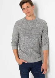 bonprix Strickpullover aus Baumwolle, ohne Kragen, Regular Fit, melierte Optik