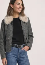 Overshirt mit Woll-Anteil und Fake-Fur-Kragen