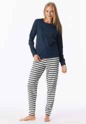 Schiesser Schlafanzug mit Bündchen Dunkelblau/Weiss gestreift - Casual Essentials für Damen, Größe XL, 100 % Baumwolle