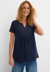 bonprix T-Shirt leicht ausgestellte Passform, Rundhals-Ausschnitt mit Zierknopfleiste