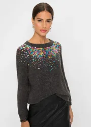 bonprix Strickpullover mit bunten Pailletten, Raglanärmel, bequem, Rundhals-Ausschnitt