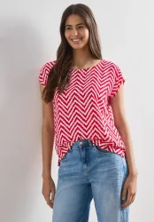 STREET ONE Kurzarmbluse Sommerbluse mit Zick-Zack-Muster und Rundhals