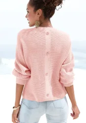LASCANA Rundhalspullover mit Zierknöpfen hinten, lockerer Strickpullover