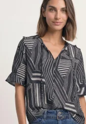 Kurzarm Bluse mit Split Neck und Print