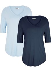 bonprix T-Shirt Packung, 2 Figur umspielende Passform, Halbarm, V-Ausschnitt, aus Viskose
