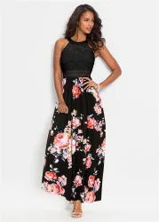 bonprix Maxikleid mit Blumen-Print und Spitzeschwarz 50Damen
