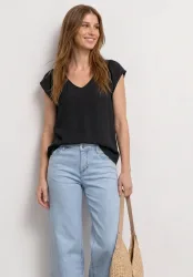 STREET ONE Kurzarmbluse Sommershirt mit Häkel/Tape-Details und V-Neck
