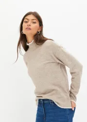 bonprix Strickpullover mit Stehkragen, kontrastfarbige Häkelkanten, bequem, meliert