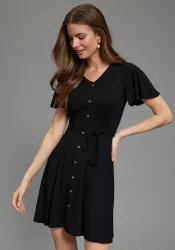 Laura Scott Sommerkleid dekorative Knopfleiste, elastische Viskosemischung, mit V-Ausschnitt