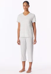 Schiesser Schlafanzug 3/4-lang Grau gestreift - Casual Essentials für Damen, Größe 3XL, 100 % Baumwolle