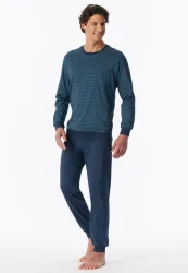 Schiesser Schlafanzug mit Bündchen Blau gemustert - Comfort Essentials für Herren, Größe XXL, 100 % Baumwolle