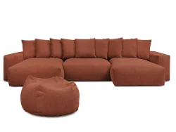 Panorama-Ecksofa mit Hocker BOBOCHIC VOLTAIRE Cord-Stoff orange