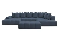Panorama-Ecksofa mit Hocker BOBOCHIC EVEREST Stoff chiniert dunkelblau