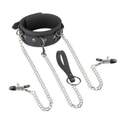 Kunstlederhalsband mit Kette und Nippelklemmen