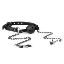 Easytoys Fetish - Offener Ballknebel mit Nippelklemmen