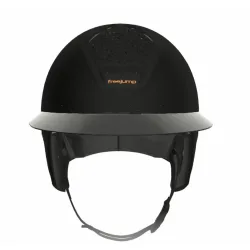 Freejump Vorono Reithelm Carbon Fullblack mit breitem Visier in Glossy, mit Schläfenschutz