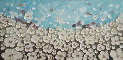 Weisse Blütenwiese – handgemaltes Ölbild auf Leinwand, 100 x 50 cm