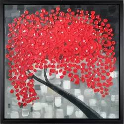 Roter Blütenbaum – handgemaltes Ölbild auf Leinwand, 60 x 60 cm
