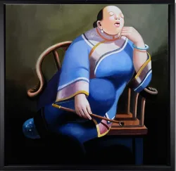 Entspannte Dame in Blau – handgemaltes Ölbild auf Leinwand, 60 x 60 cm