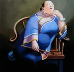 Entspannte Dame in Blau – handgemaltes Ölbild auf Leinwand, 60 x 60 cm