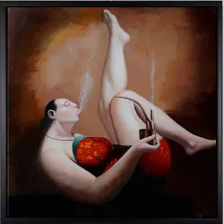 Entspannte Dame mit Pfeife – handgemaltes Ölbild auf Leinwand, 60 x 60 cm