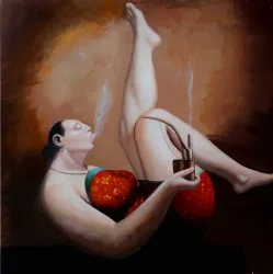 Entspannte Dame mit Pfeife – handgemaltes Ölbild auf Leinwand, 60 x 60 cm