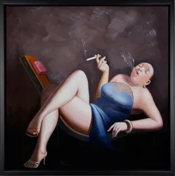 Dame mit Zigarette – handgemaltes Ölbild auf Leinwand, 60 x 60 cm