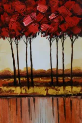 Rote Bäume am Wasser – handgemaltes Ölbild auf Leinwand, 50 x 79 cm