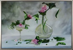 Stillleben mit Wicken und Glasvase – handgemaltes Ölbild auf Leinwand, 75 x 50 cm