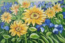 Sonnenblumen und Iris – handgemaltes Ölbild auf Leinwand, 75 x 50 cm
