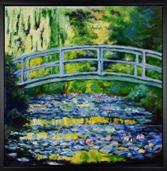 Brücke über Seerosenteich – handgemaltes Ölbild auf Leinwand, 60 x 60 cm