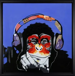 Affe mit Kopfhörern – handgemaltes Ölbild auf Leinwand, 60 x 60 cm