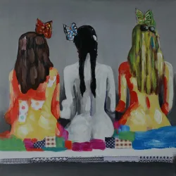 Drei Frauen in Rückenansicht – handgemaltes Ölbild auf Leinwand, 60 x 60 cm