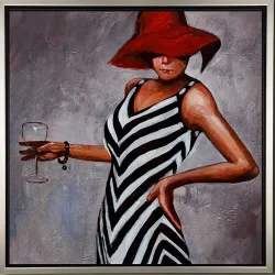 Dame in Rot mit Weinglas – handgemaltes Ölbild auf Leinwand, 60 x 60 cm
