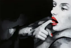Schwarz-Weiss-Porträt mit roten Lippen – handgemaltes Ölbild auf Leinwand, 75 x 50 cm
