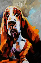 Treuherziger Basset – handgemaltes Ölbild auf Leinwand, 50 x 75 cm