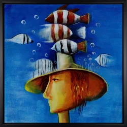 Surreales Motiv mit Fischen – handgemaltes Ölbild auf Leinwand, 60 x 60 cm