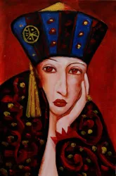Dame mit orientalischem Hut – handgemaltes Ölbild auf Leinwand, 50 x 75 cm