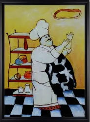 Fröhlicher Koch mit Pizzateig – handgemaltes Ölbild auf Leinwand, 50 x 70 cm
